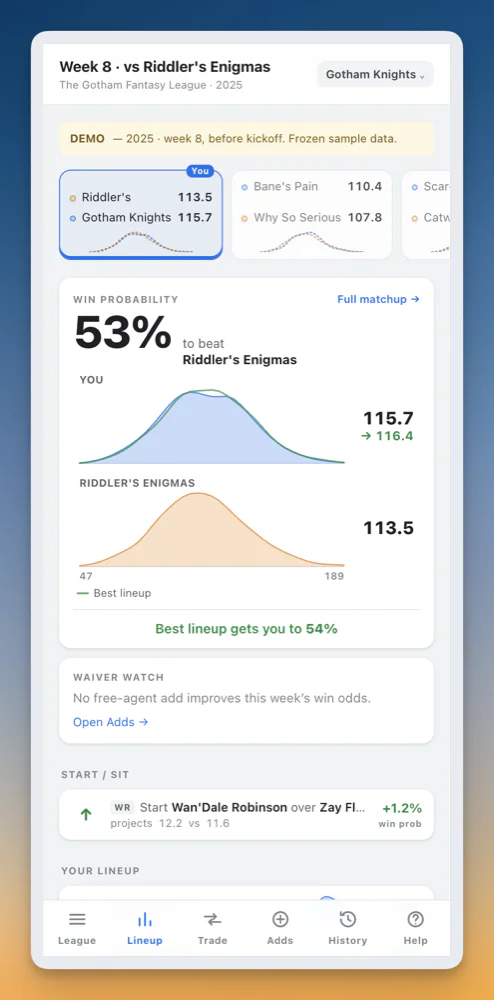 Lineup screen
